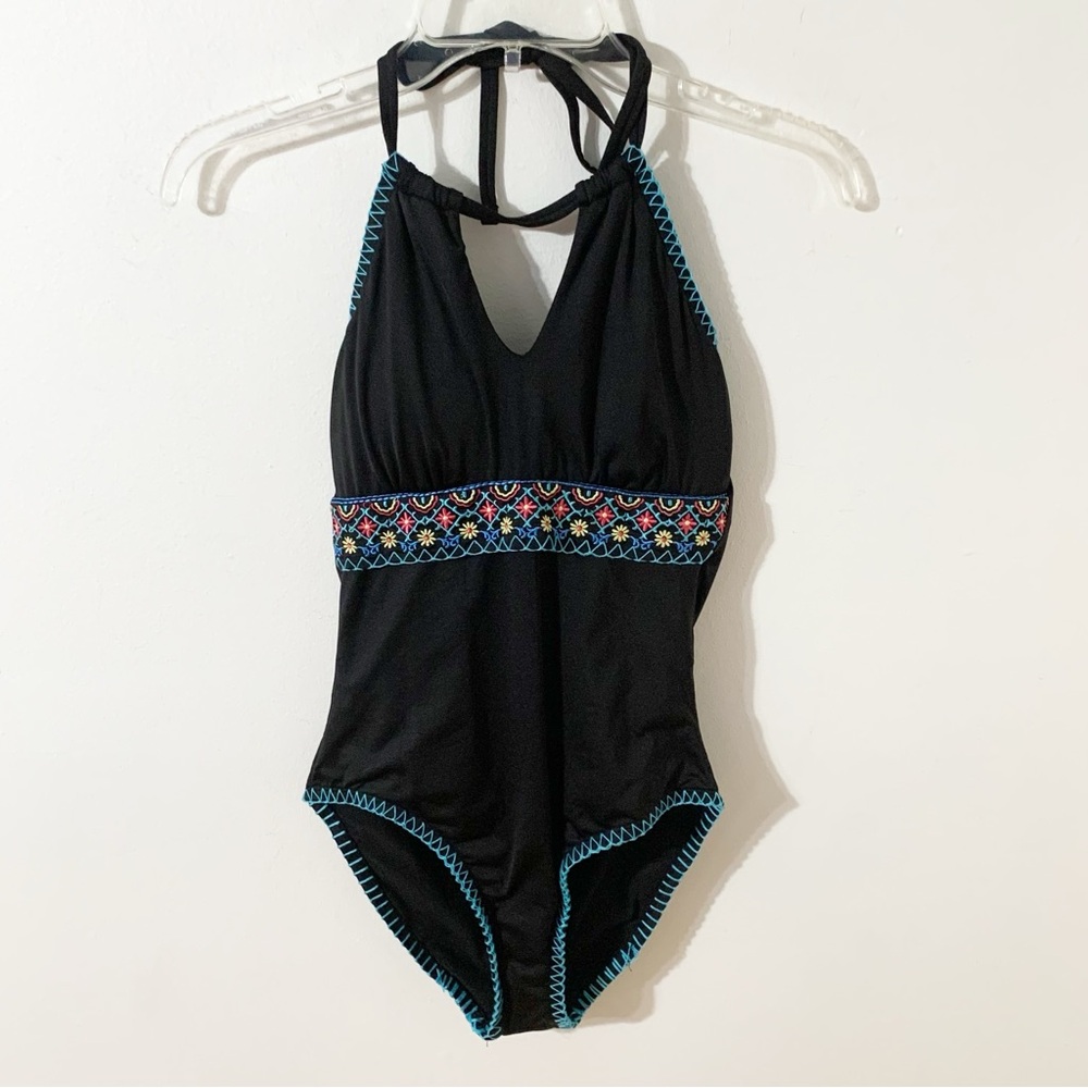 Apt. 9 Black Floral Embroidered Waistband One Piece Bathing Suit / Swimsuit 🖤🩵